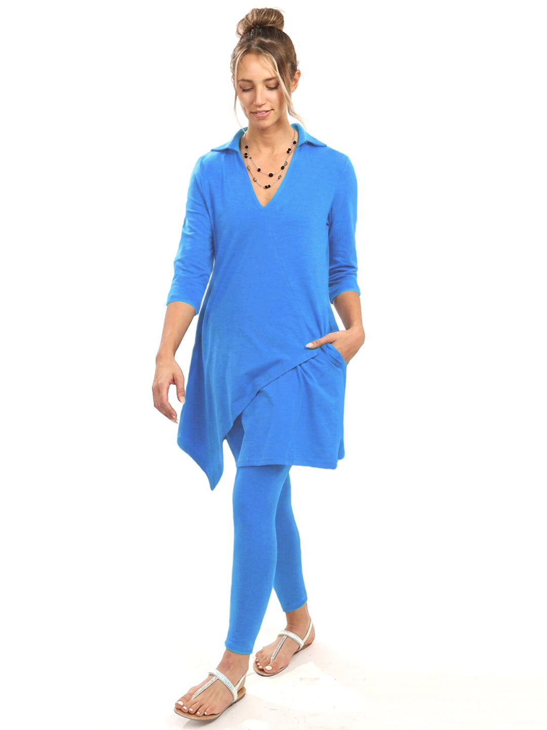 Cotton Knit Tunic Elbow Sleeve Collar V-neck Style 778C00 Bl