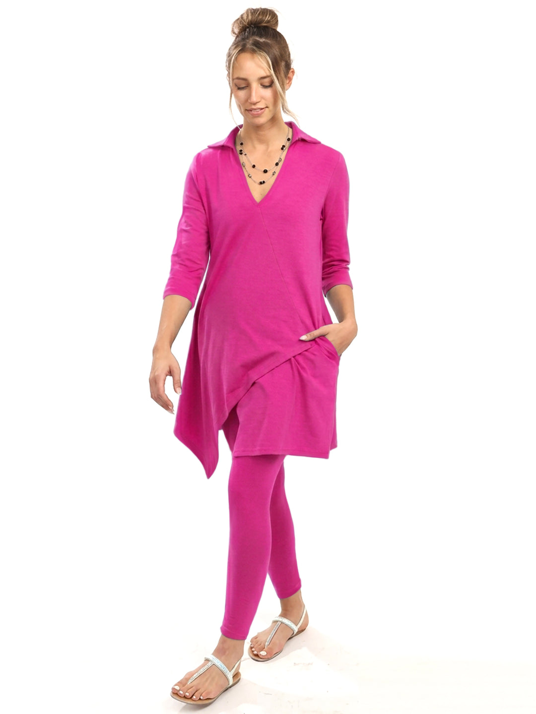 Cotton Knit Tunic Elbow Sleeve Collar V-neck Style 778C00 HP