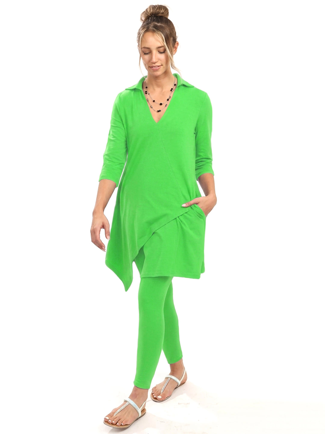 Cotton Knit Tunic Elbow Sleeve Collar V-neck Style 778C00 L