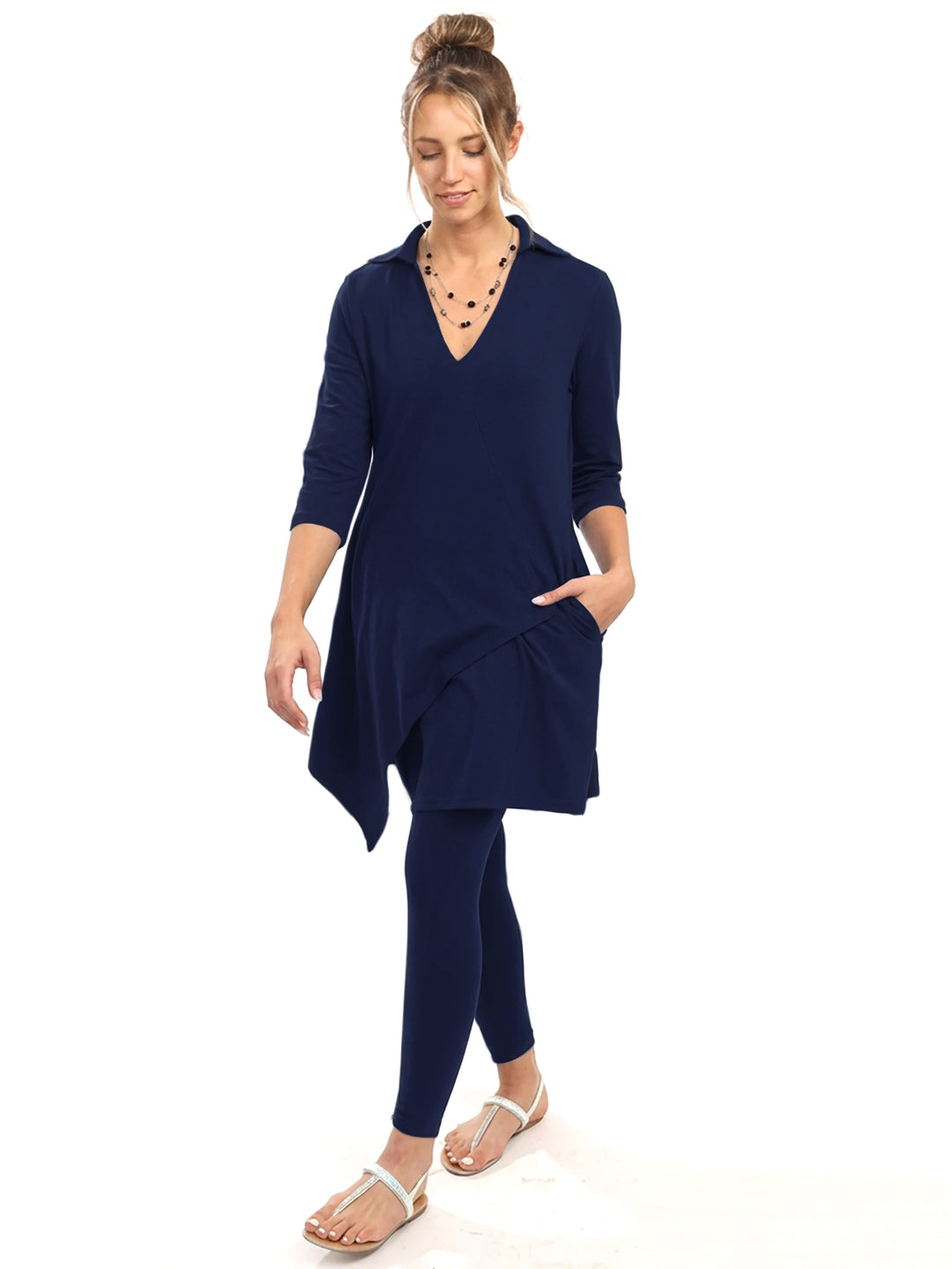 Cotton Knit Tunic Elbow Sleeve Collar V-neck Style 778C00 N