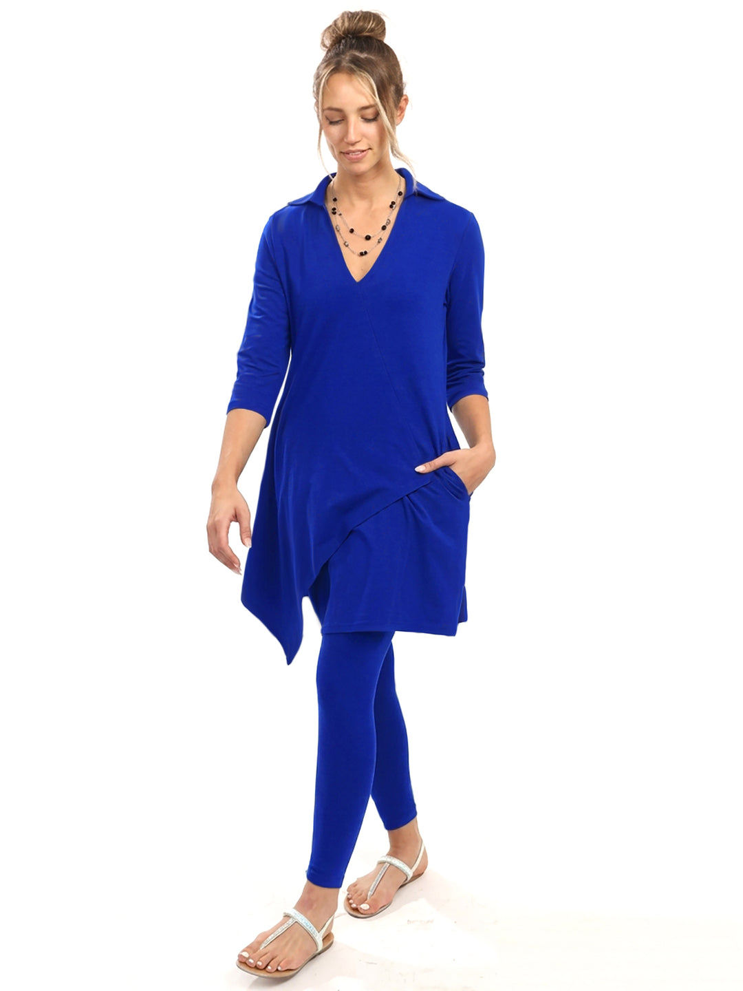 Cotton Knit Tunic Elbow Sleeve Collar V-neck Style 778C00 RL