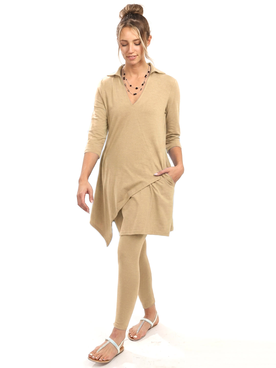 Cotton Knit Tunic Elbow Sleeve Collar V-neck Style 778C00 Sand