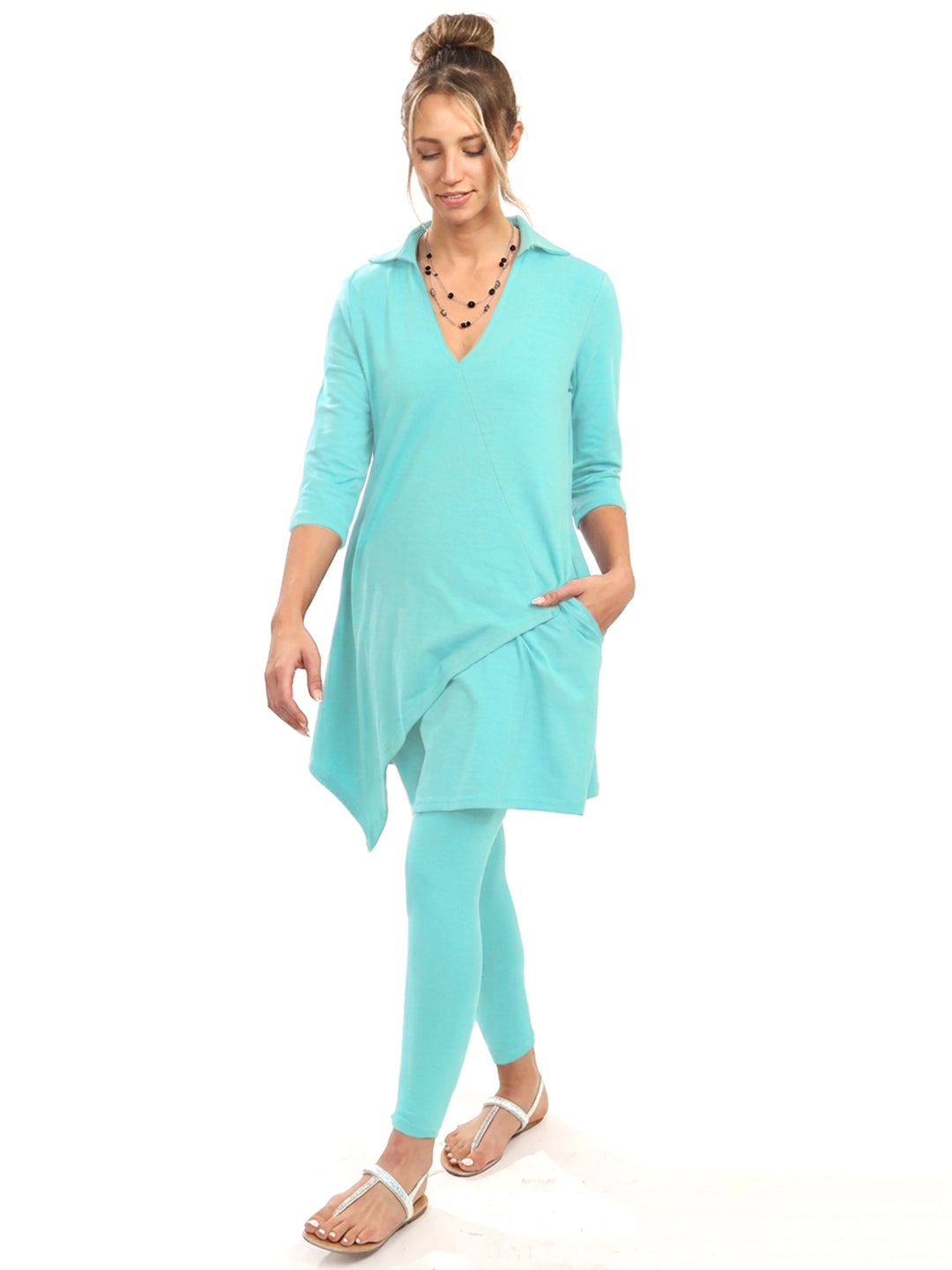 Cotton Knit Tunic Elbow Sleeve Collar V-neck Style 778C00 SF