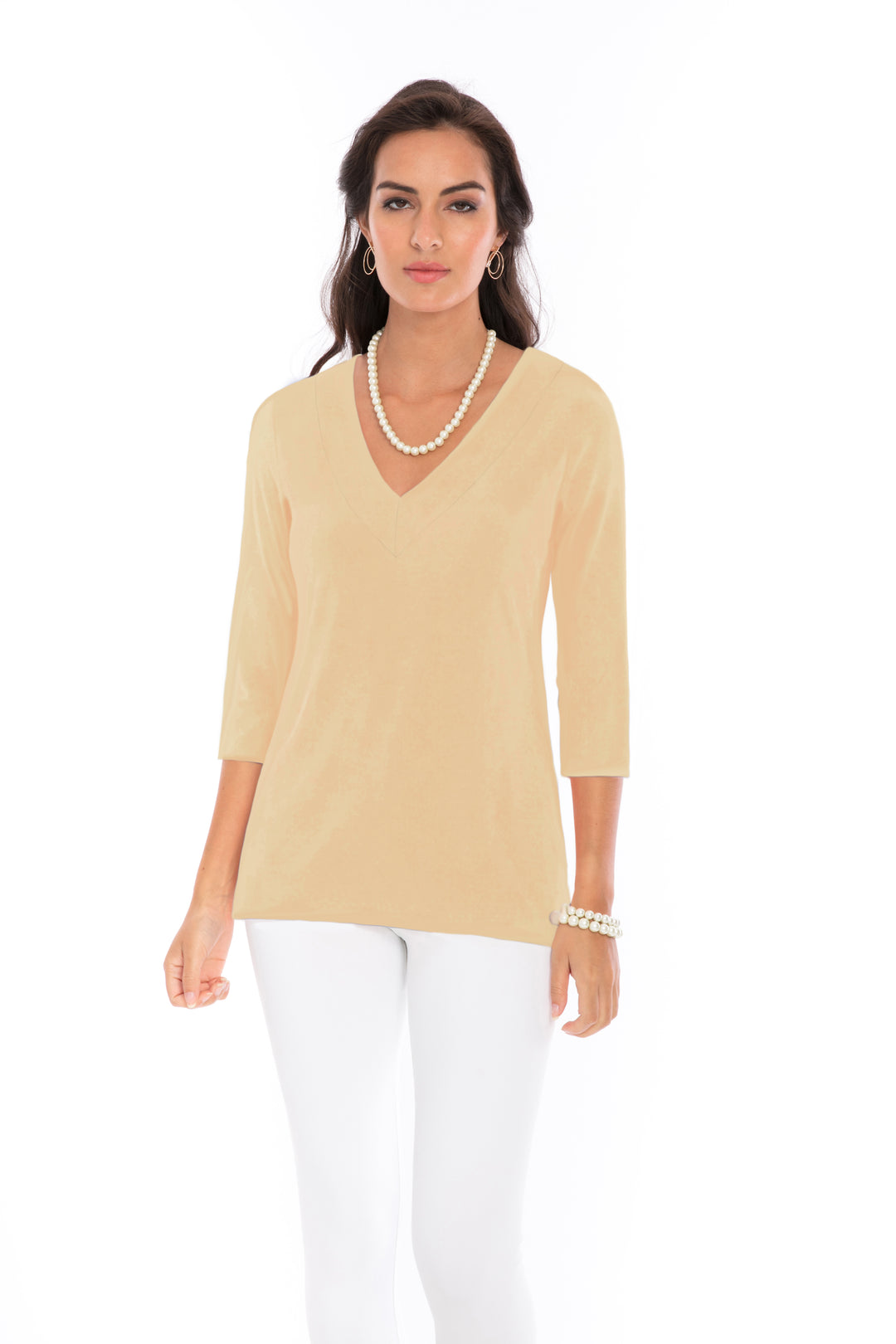 Solid Dyed Knit Top V-Neck Style 920C00-Sand