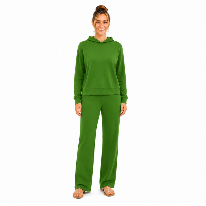 Solid French Terry Hooded Top & Straight-Leg Pant 2-Piece Set - Emerald Green
