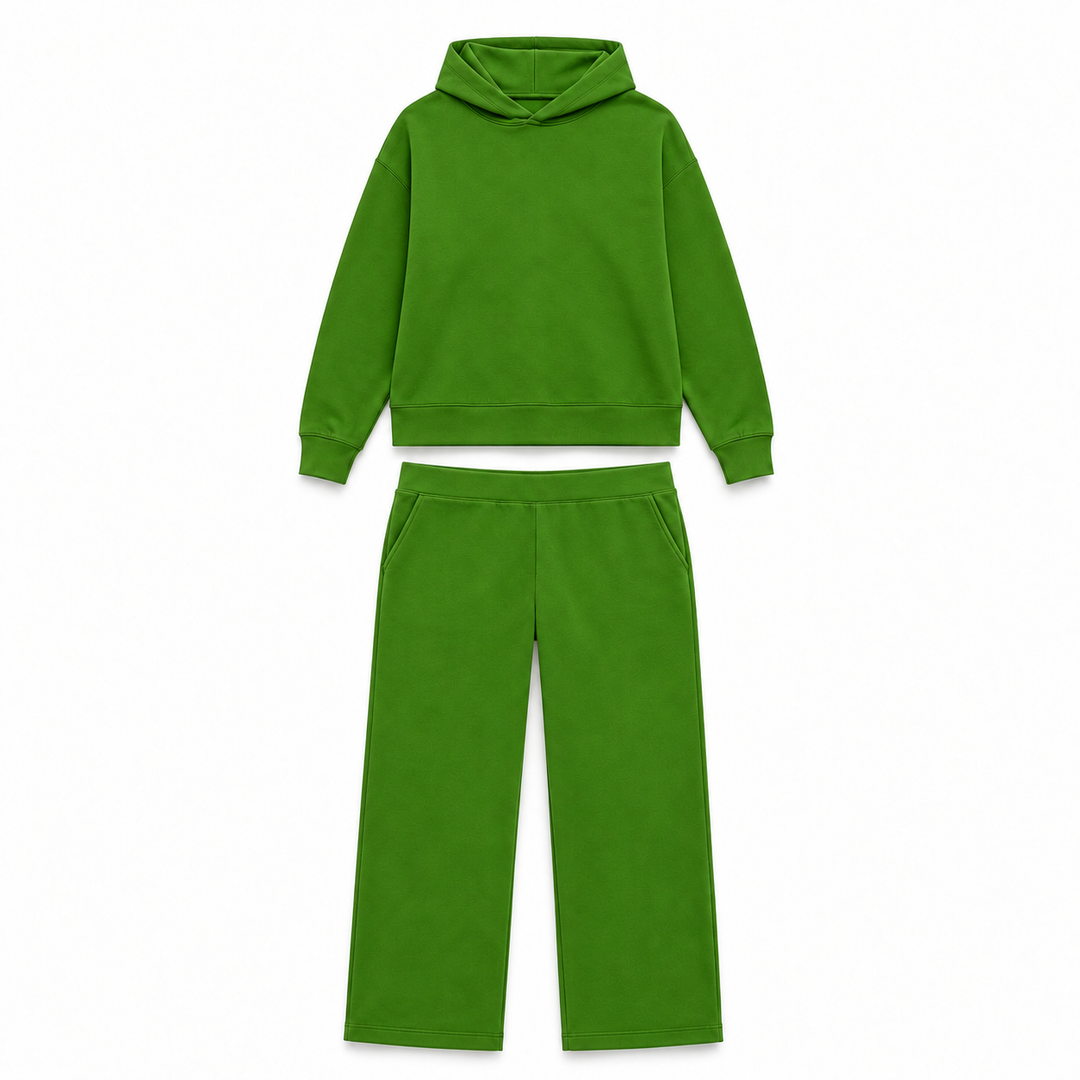 Solid French Terry Hooded Top & Straight-Leg Pant 2-Piece Set - Emerald Green