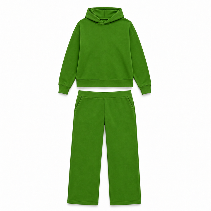 Solid French Terry Hooded Top & Straight-Leg Pant 2-Piece Set - Emerald Green