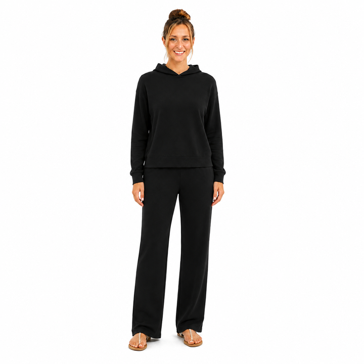 Solid French Terry Hooded Top & Straight-Leg Pant 2-Piece Set - Black