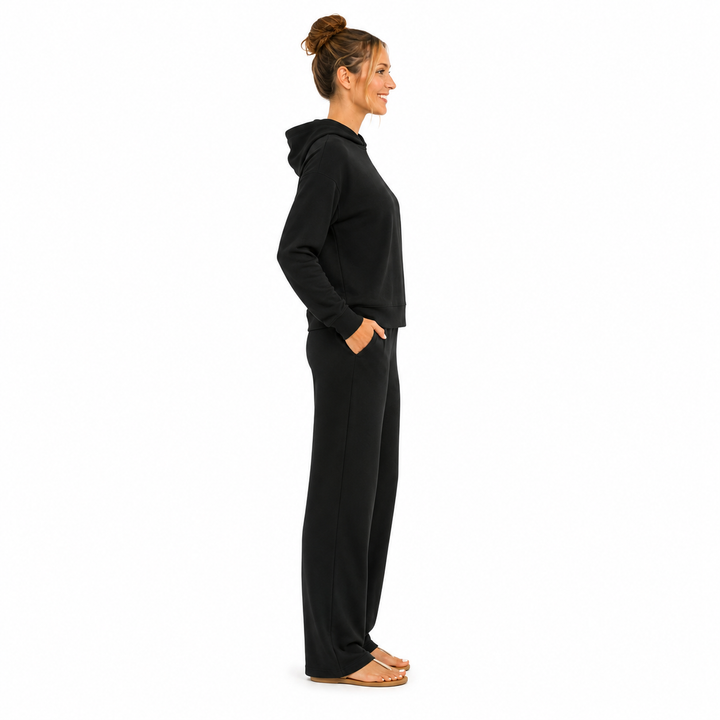 Solid French Terry Hooded Top & Straight-Leg Pant 2-Piece Set - Black