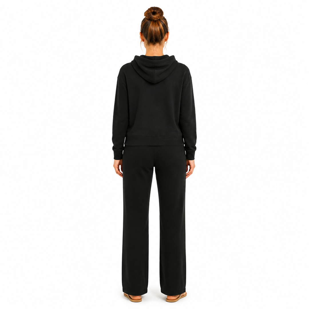 Solid French Terry Hooded Top & Straight-Leg Pant 2-Piece Set - Black