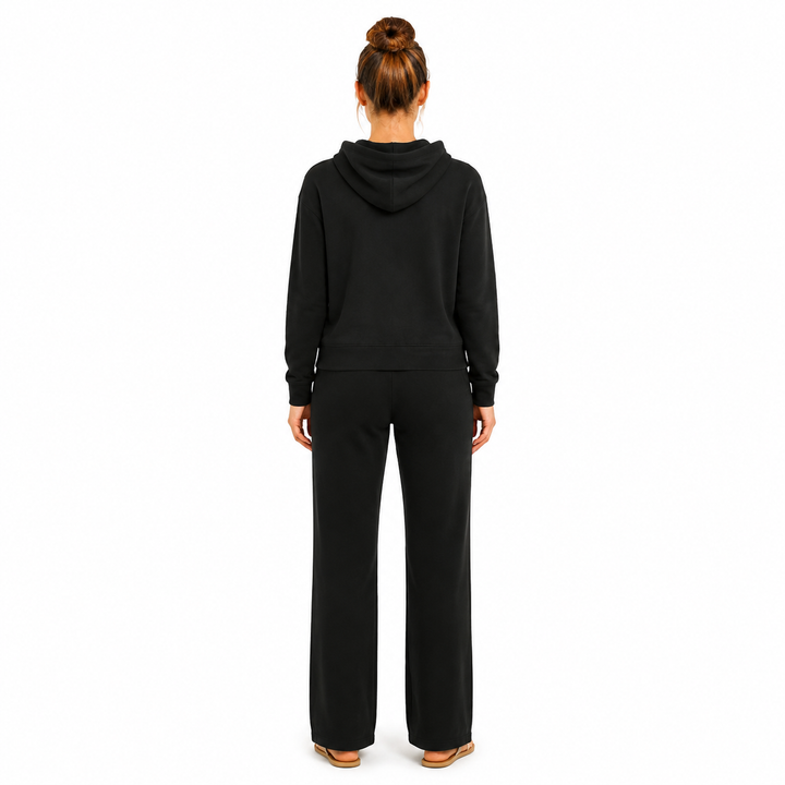 Solid French Terry Hooded Top & Straight-Leg Pant 2-Piece Set - Black