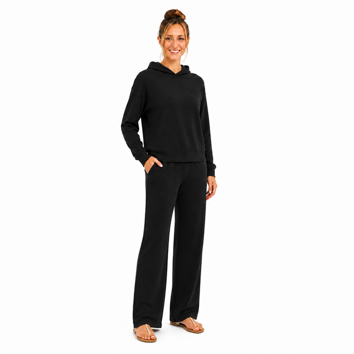 Solid French Terry Hooded Top & Straight-Leg Pant 2-Piece Set - Black