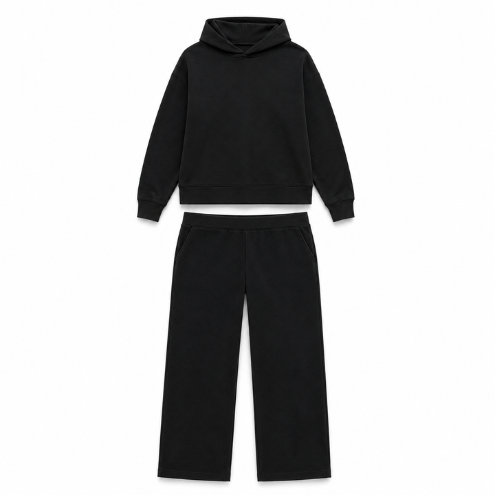 Solid French Terry Hooded Top & Straight-Leg Pant 2-Piece Set - Black