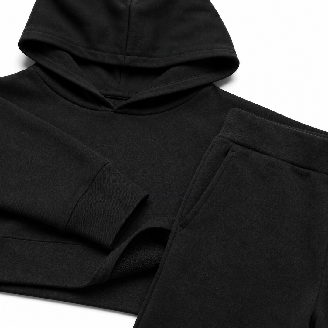 Solid French Terry Hooded Top & Straight-Leg Pant 2-Piece Set - Black