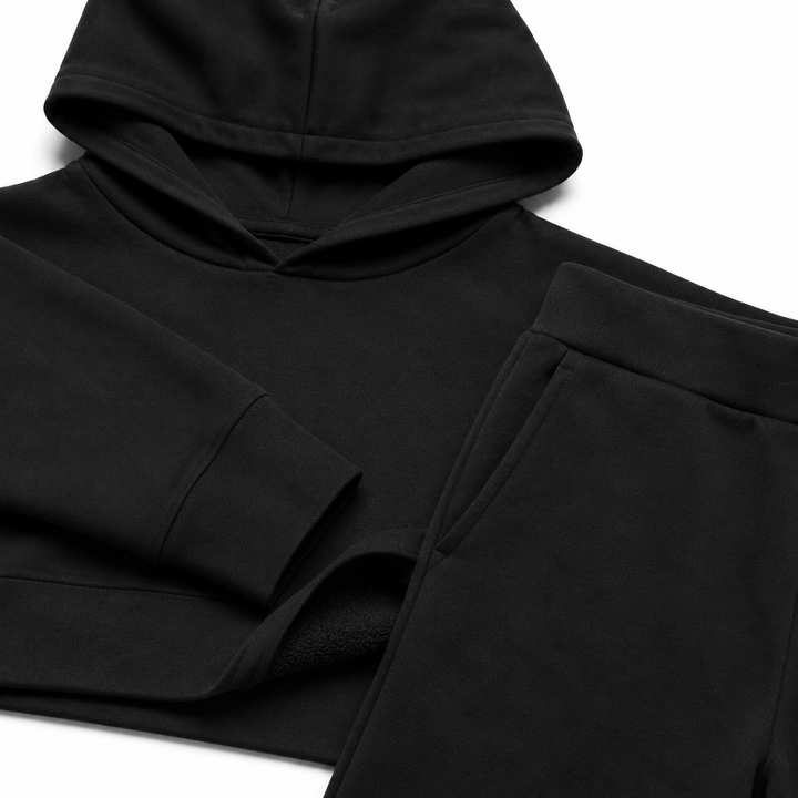 Solid French Terry Hooded Top & Straight-Leg Pant 2-Piece Set - Black