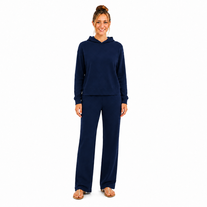 Solid French Terry Hooded Top & Straight-Leg Pant 2-Piece Set - Navy