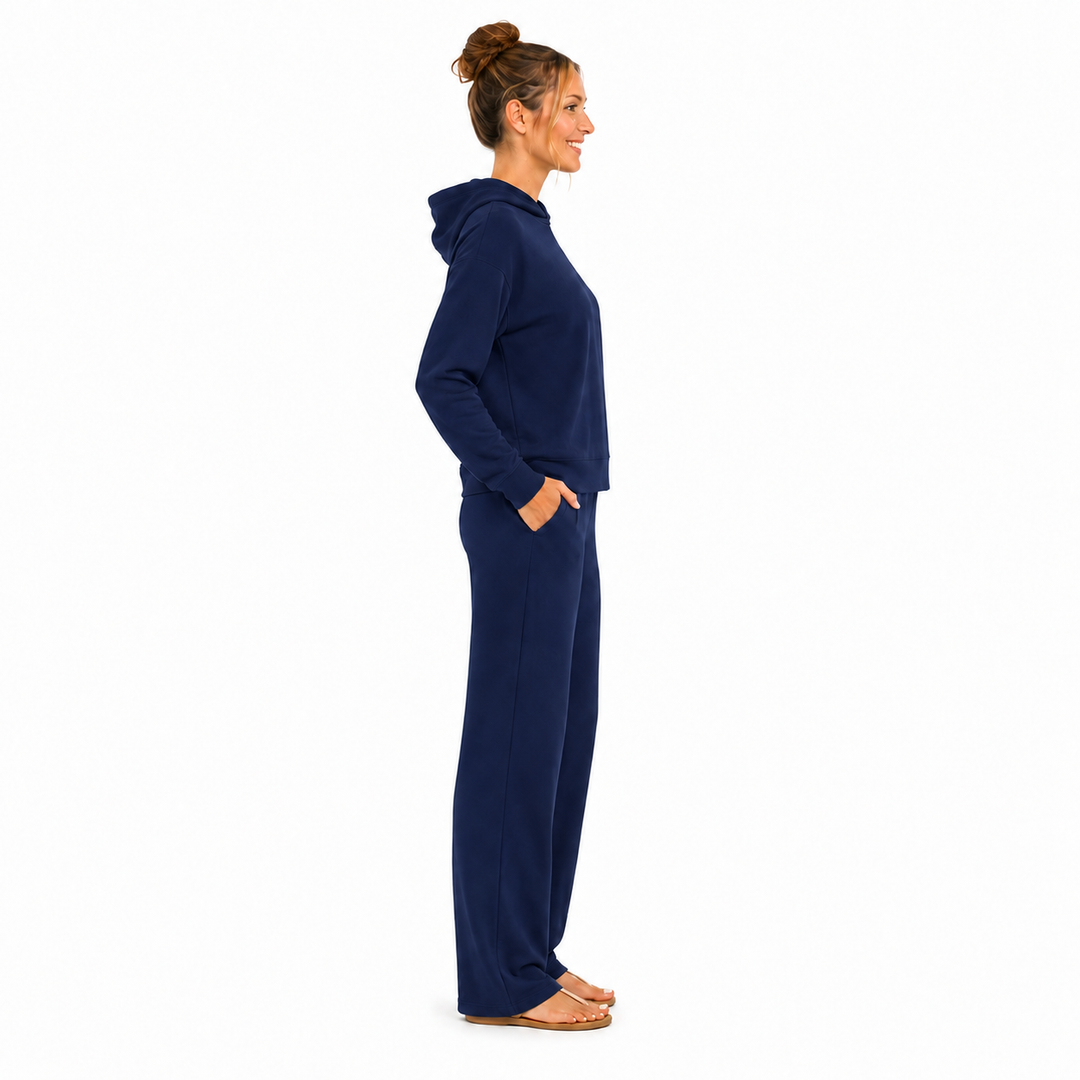 Solid French Terry Hooded Top & Straight-Leg Pant 2-Piece Set - Navy