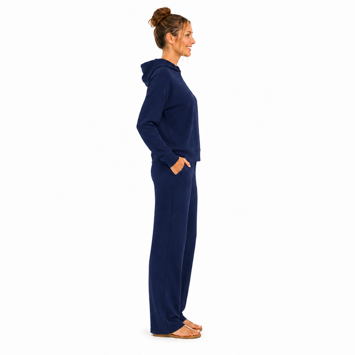 Solid French Terry Hooded Top & Straight-Leg Pant 2-Piece Set - Navy