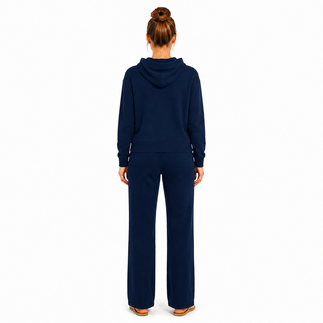 Solid French Terry Hooded Top & Straight-Leg Pant 2-Piece Set - Navy
