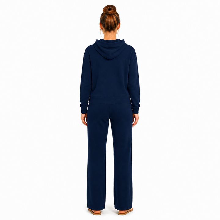 Solid French Terry Hooded Top & Straight-Leg Pant 2-Piece Set - Navy