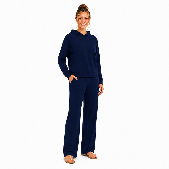 Solid French Terry Hooded Top & Straight-Leg Pant 2-Piece Set - Navy