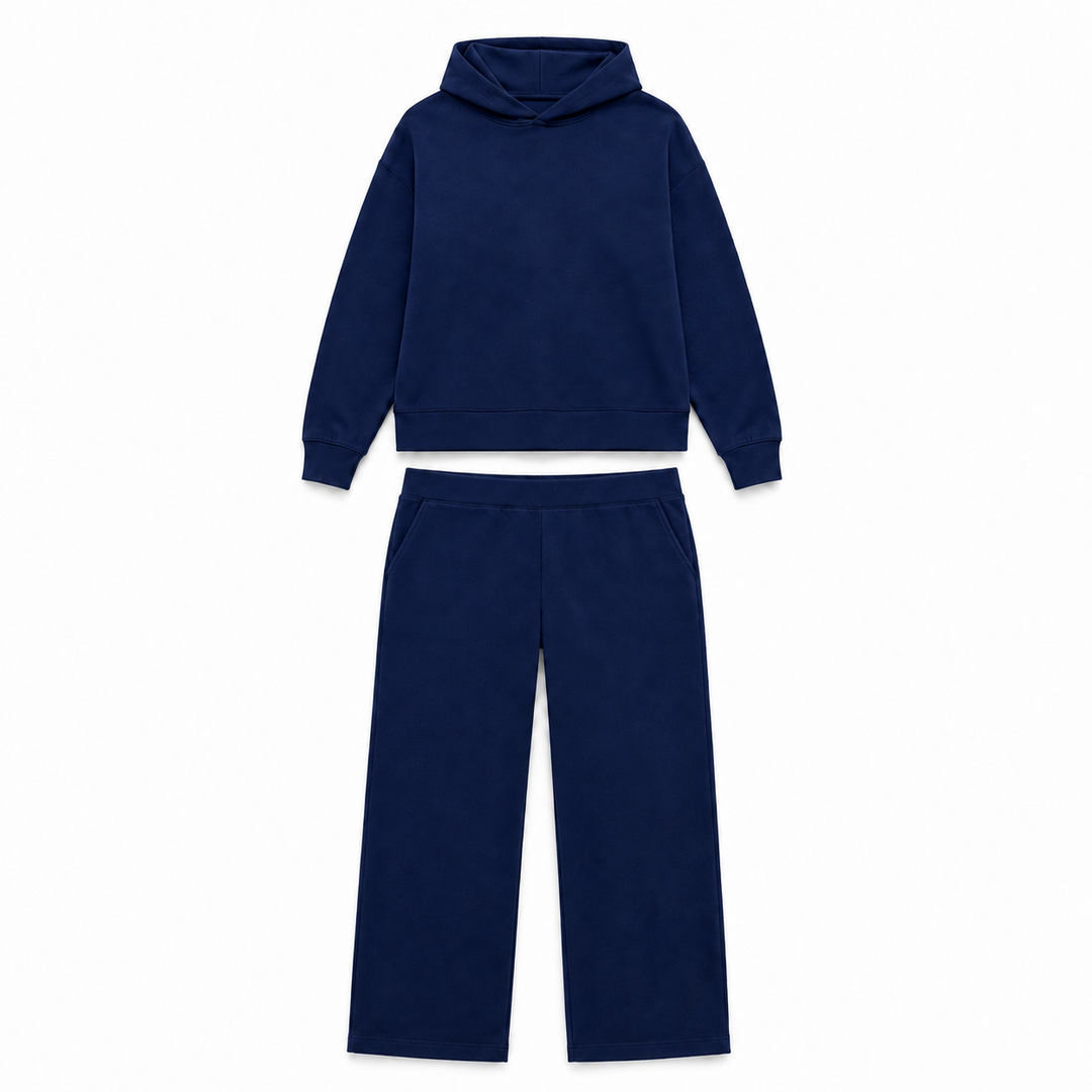 Solid French Terry Hooded Top & Straight-Leg Pant 2-Piece Set - Navy