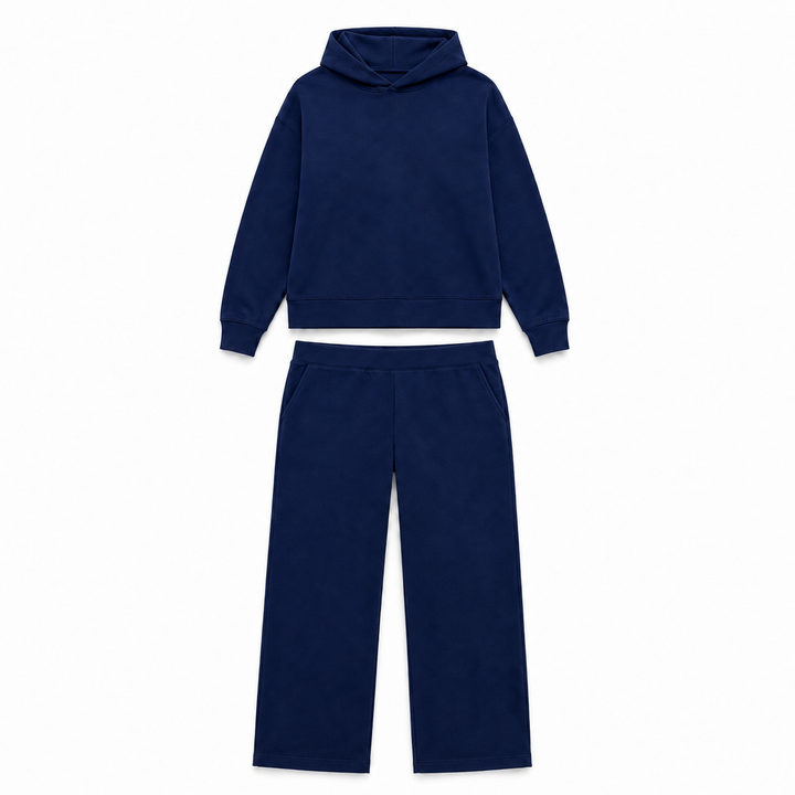 Solid French Terry Hooded Top & Straight-Leg Pant 2-Piece Set - Navy