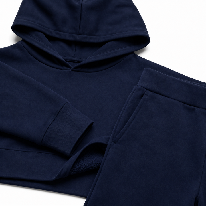 Solid French Terry Hooded Top & Straight-Leg Pant 2-Piece Set - Navy