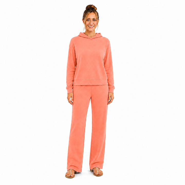 Solid French Terry Hooded Top & Straight-Leg Pant 2-Piece Set - Coral