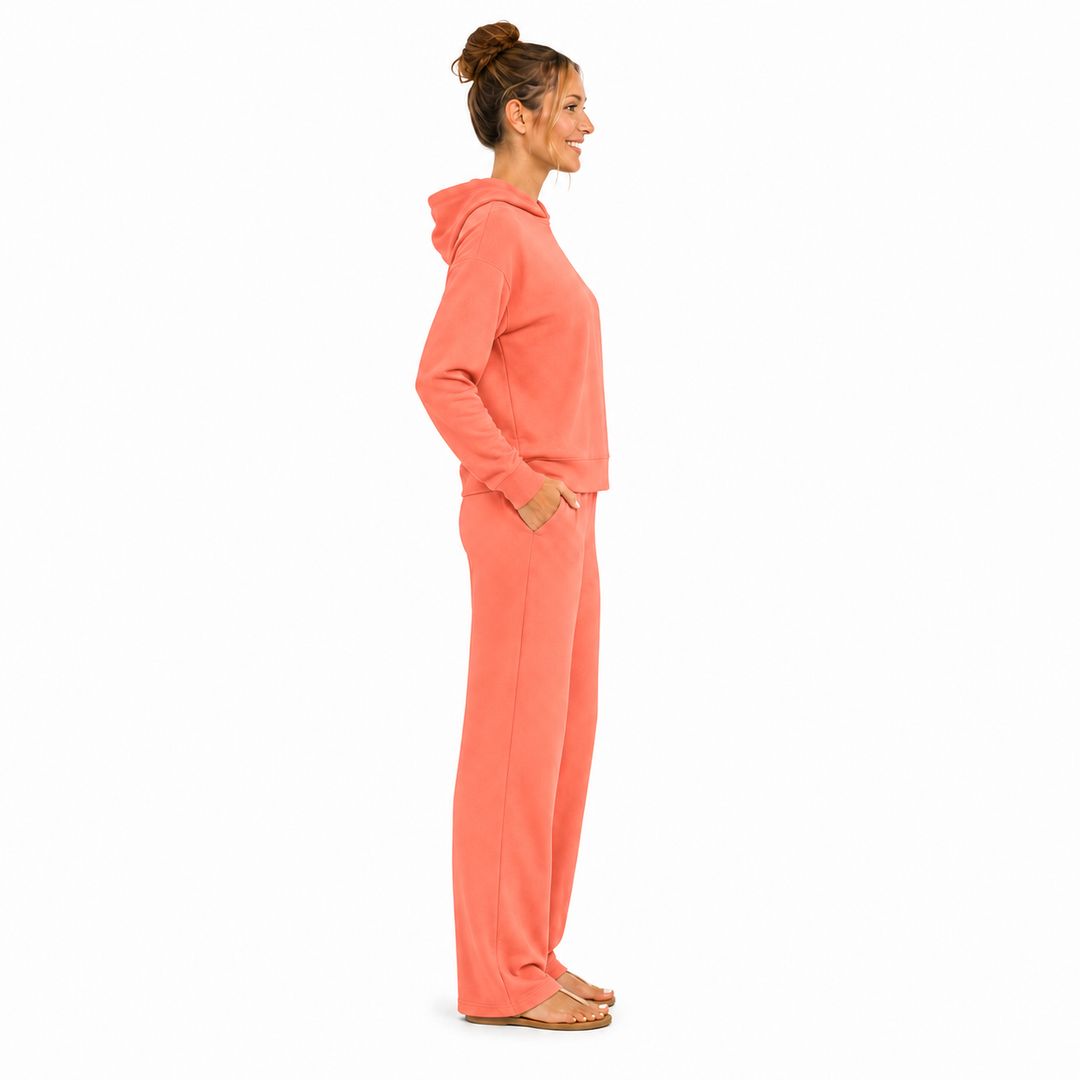 Solid French Terry Hooded Top & Straight-Leg Pant 2-Piece Set - Coral