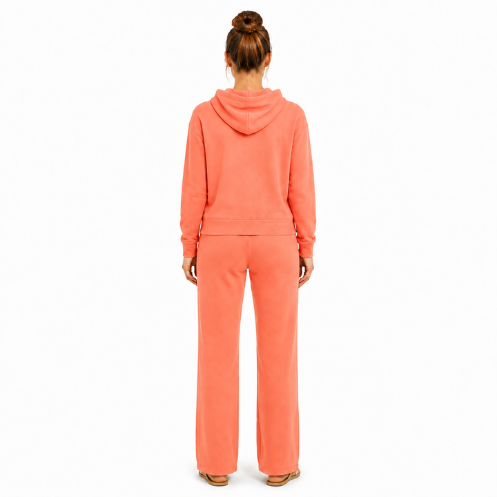 Solid French Terry Hooded Top & Straight-Leg Pant 2-Piece Set - Coral
