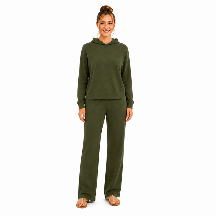 Solid French Terry Hooded Top & Straight-Leg Pant 2-Piece Set - Olive