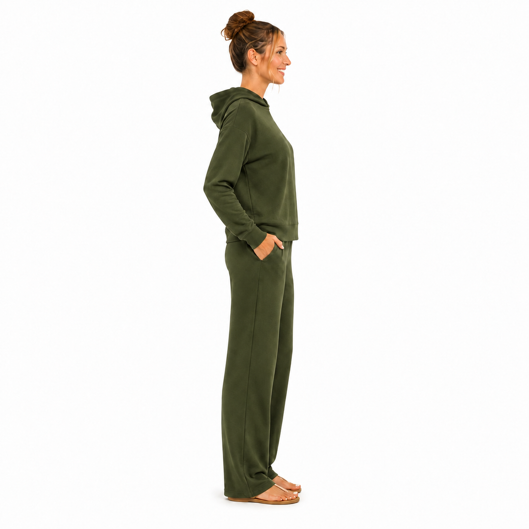 Solid French Terry Hooded Top & Straight-Leg Pant 2-Piece Set - Olive
