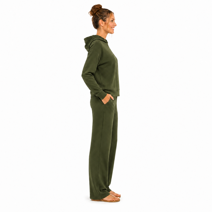 Solid French Terry Hooded Top & Straight-Leg Pant 2-Piece Set - Olive