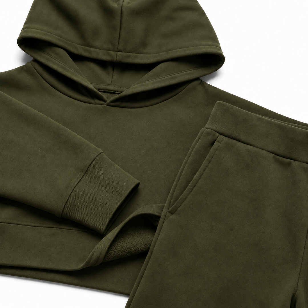 Solid French Terry Hooded Top & Straight-Leg Pant 2-Piece Set - Olive