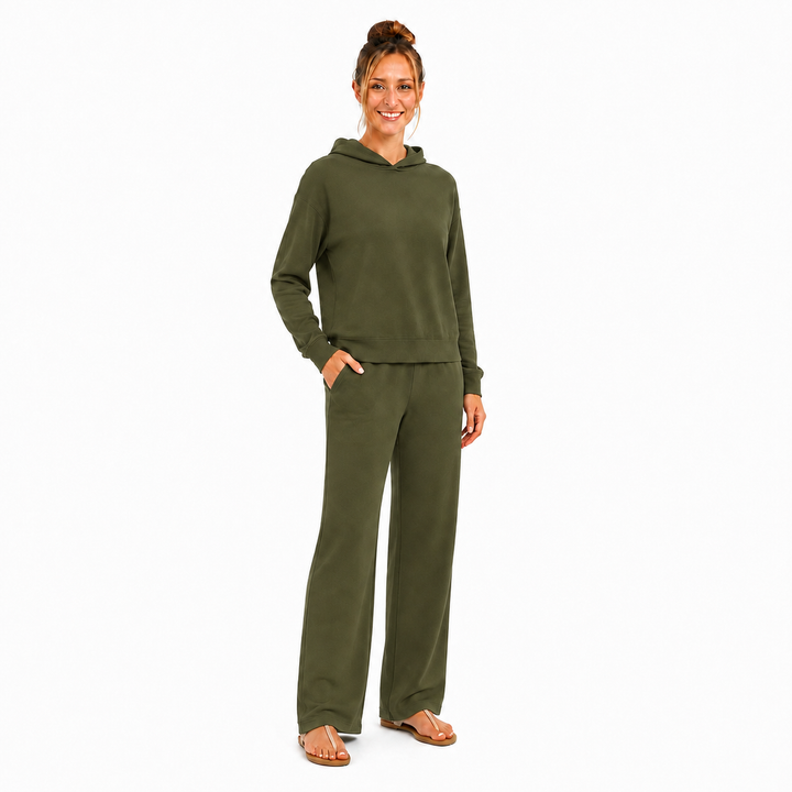 Solid French Terry Hooded Top & Straight-Leg Pant 2-Piece Set - Olive