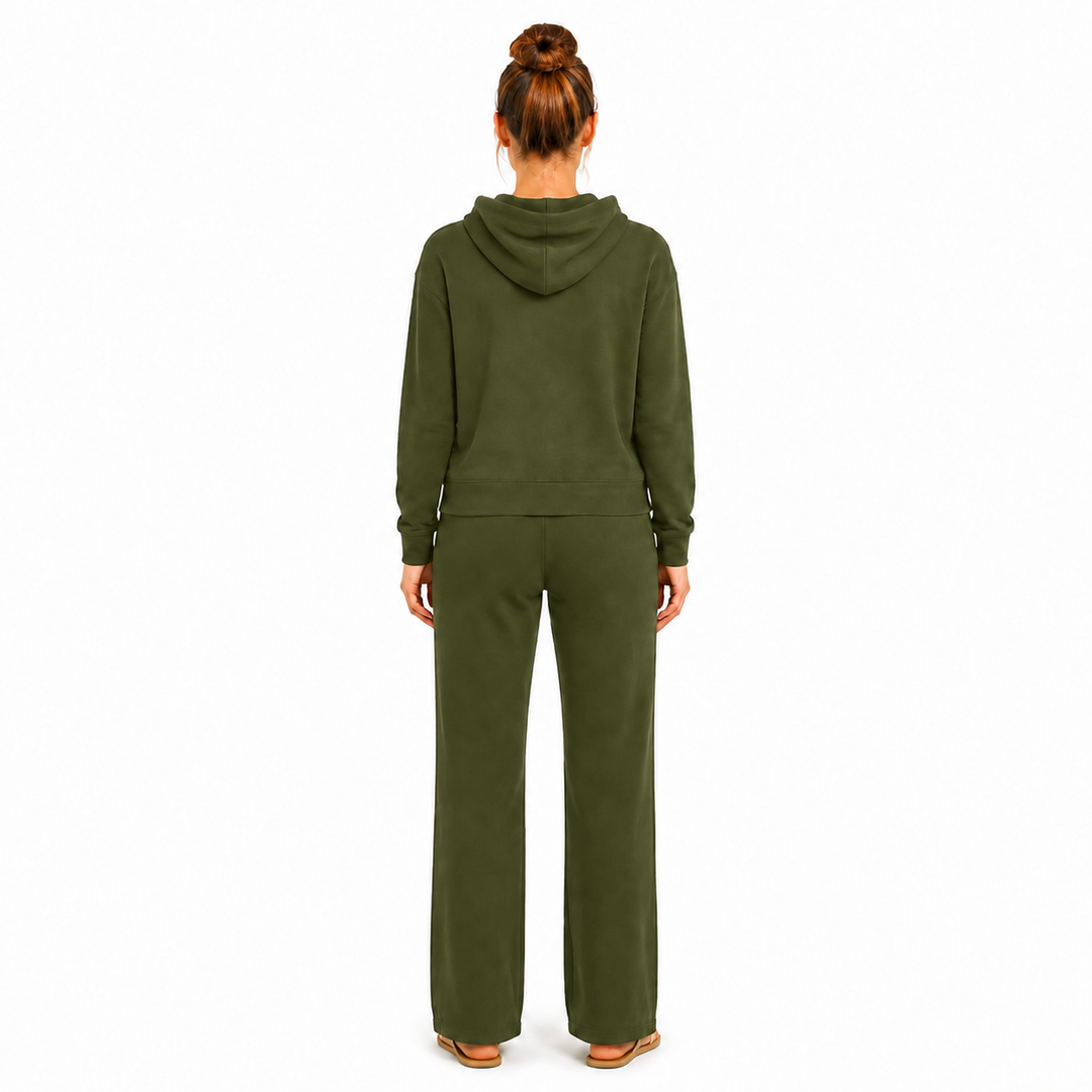 Solid French Terry Hooded Top & Straight-Leg Pant 2-Piece Set - Olive
