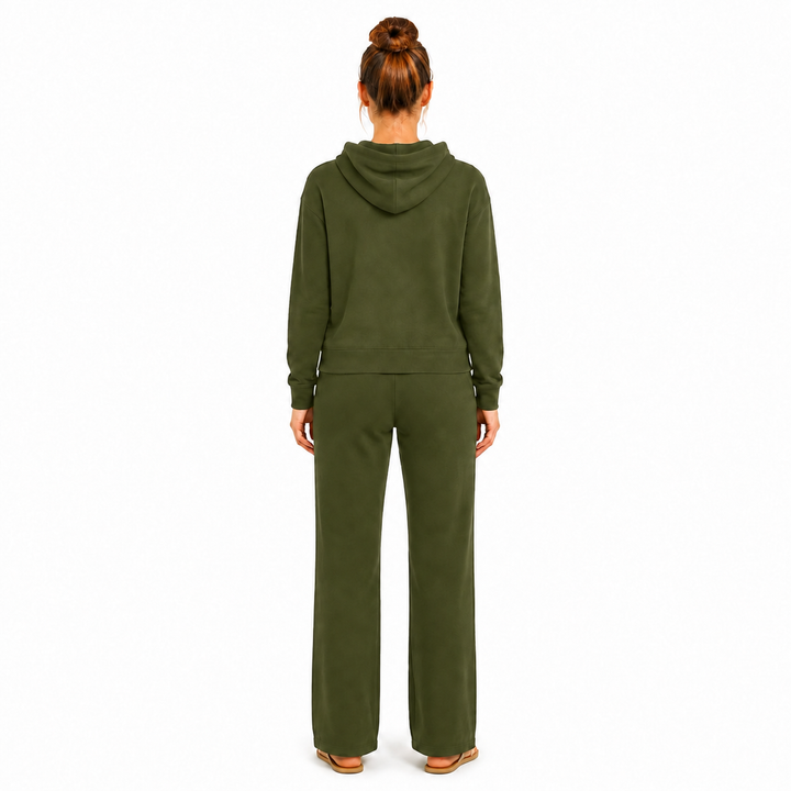 Solid French Terry Hooded Top & Straight-Leg Pant 2-Piece Set - Olive