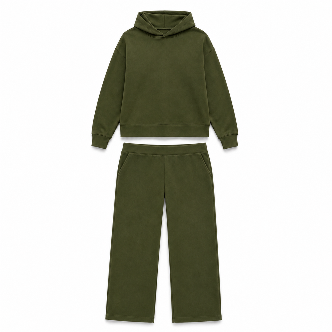 Solid French Terry Hooded Top & Straight-Leg Pant 2-Piece Set - Olive
