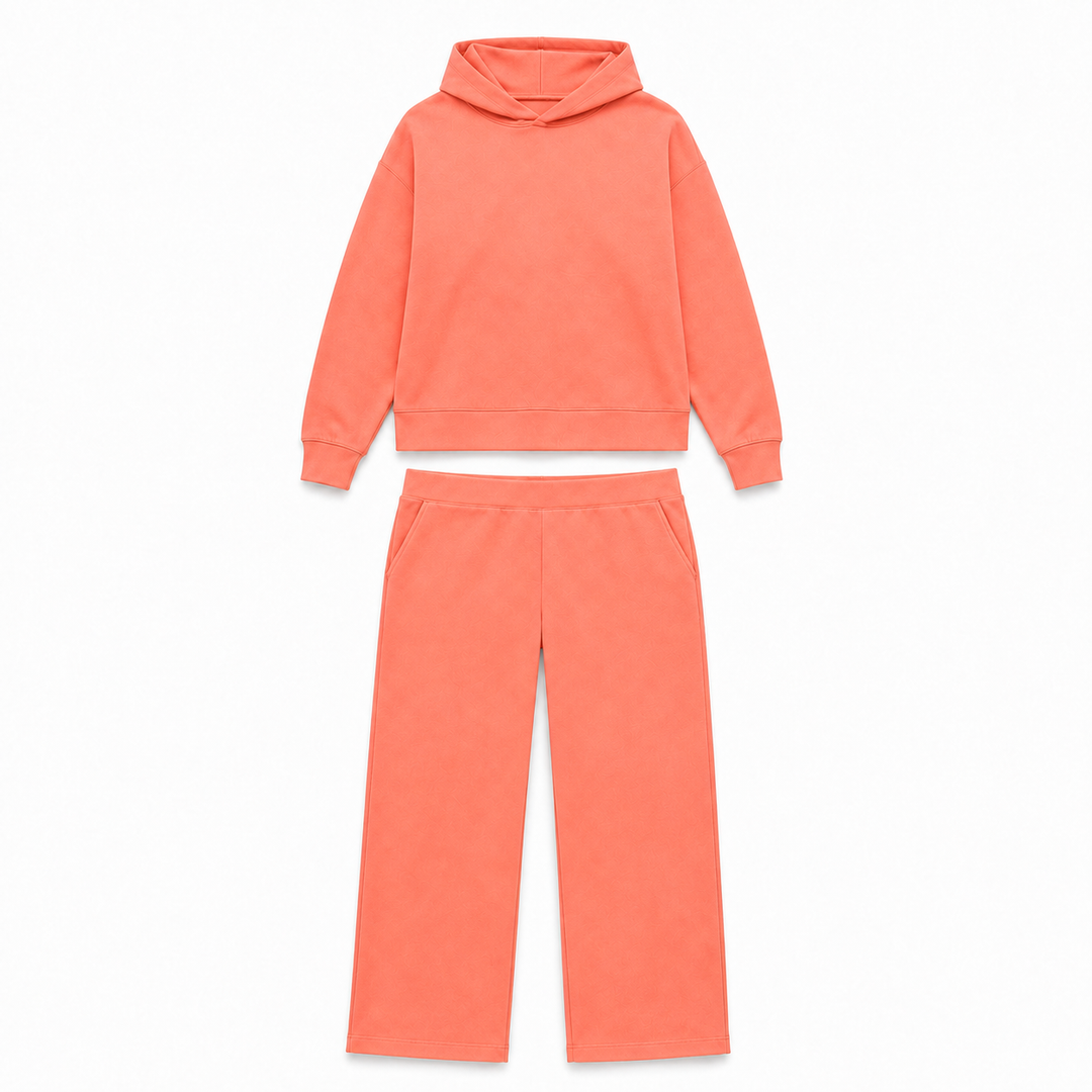 Solid French Terry Hooded Top & Straight-Leg Pant 2-Piece Set - Coral