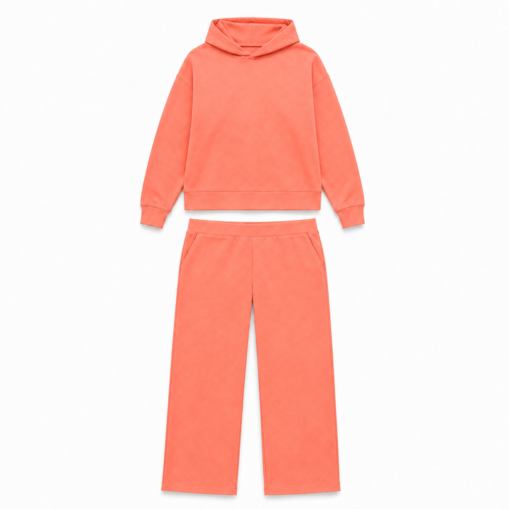Solid French Terry Hooded Top & Straight-Leg Pant 2-Piece Set - Coral
