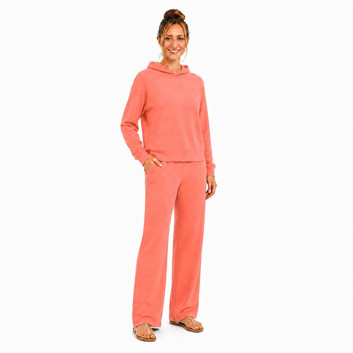 Solid French Terry Hooded Top & Straight-Leg Pant 2-Piece Set - Coral