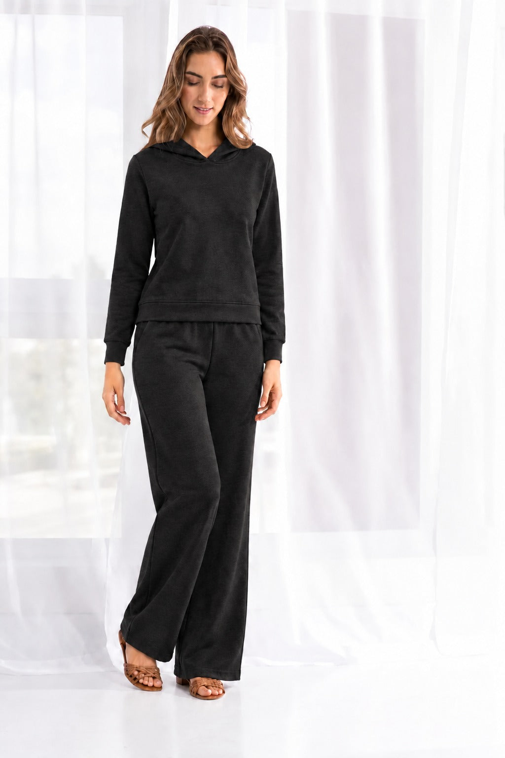 Fleece Matching Set Hooded Top & Straight-Leg with Pocket Pant 2-Piece Set - Black