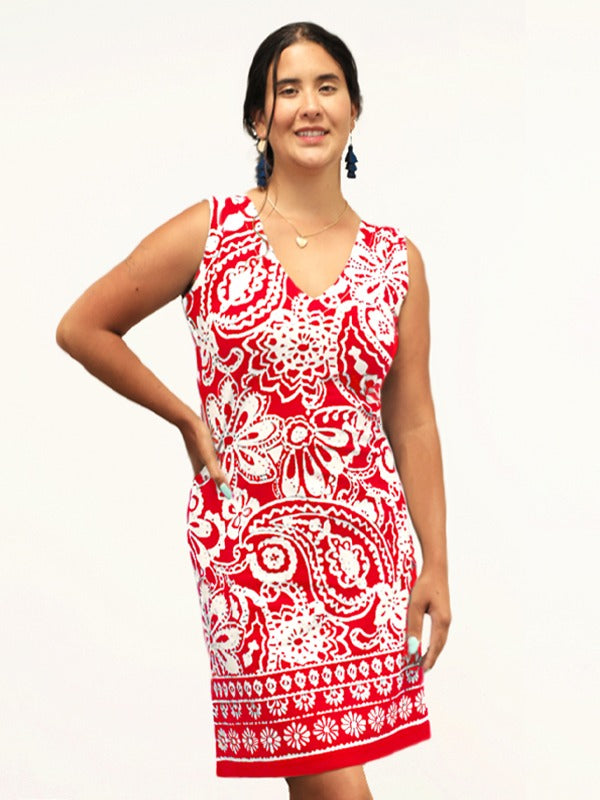 Cotton Knit Dress Sleeveless V-Neck Style 442F96-RW Red/White / Medium Cotton Knit Dress Sleeveless V-Neck Style 442F96-RW Red/White / Medium